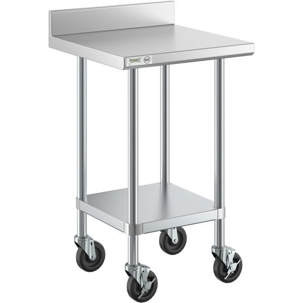 Commercial Work Table with Backsplash, 304 Stainless Steel, 24x24 Inch, Galvanized Legs, Undershelf, Casters, 400 lb Capacity