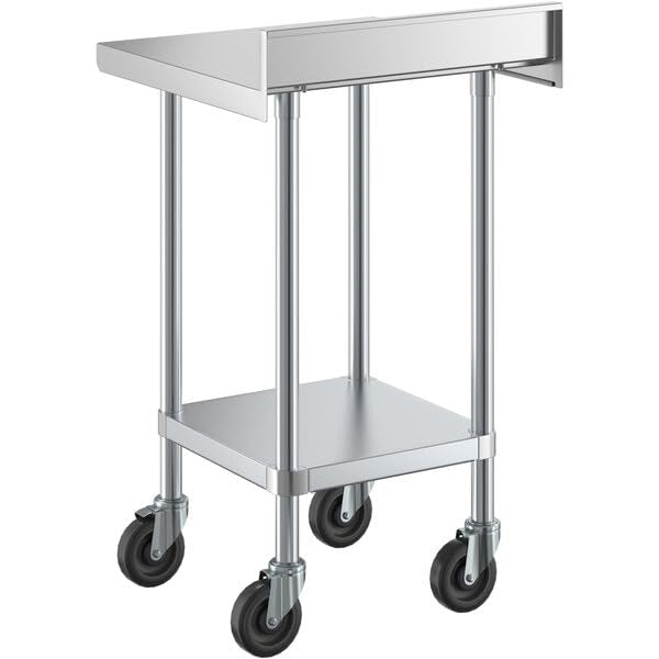 Commercial Work Table with Backsplash, 304 Stainless Steel, 24x24 Inch, Galvanized Legs, Undershelf, Casters, 400 lb Capacity view 2
