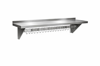 Glownary Stainless Steel Wall Mounted Pot Rack with Shelf, Silver, 48 x 12 x 10 Inches, 18 Hooks, 255 lb Capacity, NSF Listed
