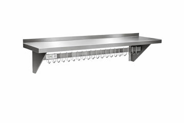 Glownary Stainless Steel Wall Mounted Pot Rack with Shelf, Silver, 48 x 12 x 10 Inches, 18 Hooks, 255 lb Capacity, NSF Listed
