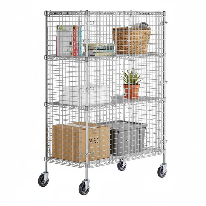 Glownary NSF Mobile Chrome Wire Security Cage Kit, Silver Steel, 24x48x70 Inches, 4 Shelves, Lockable Storage Unit with Casters, 600 lb Shelf Capacity