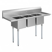 Glownary Commercial Three Compartment Sink, 70 Inch Stainless Steel, 14x16x12 Inch Bowls, Galvanized Steel Legs, Double Drainboard, NSF Listed