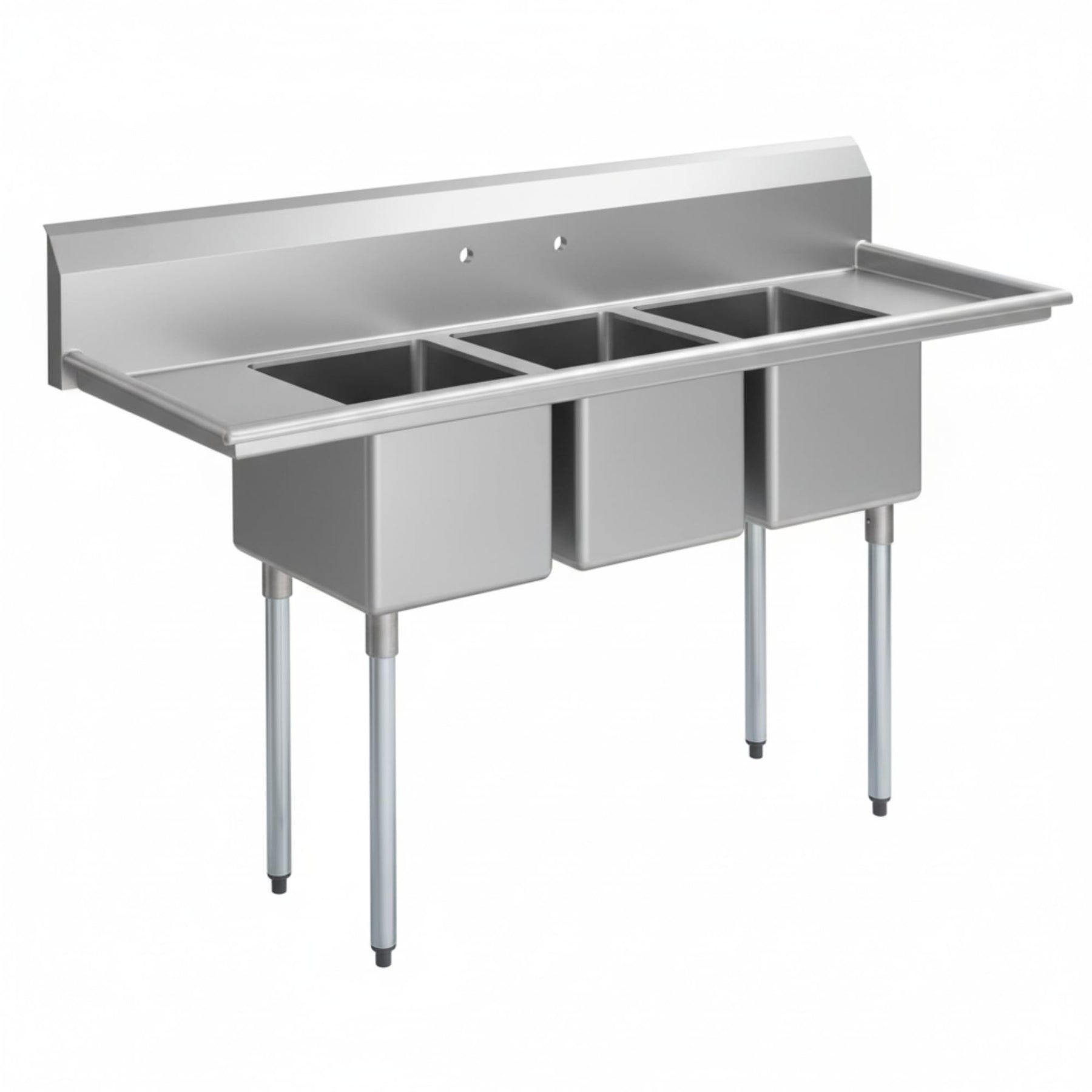 Glownary Commercial Three Compartment Sink, 70 Inch Stainless Steel, 14x16x12 Inch Bowls, Galvanized Steel Legs, Double Drainboard, NSF Listed