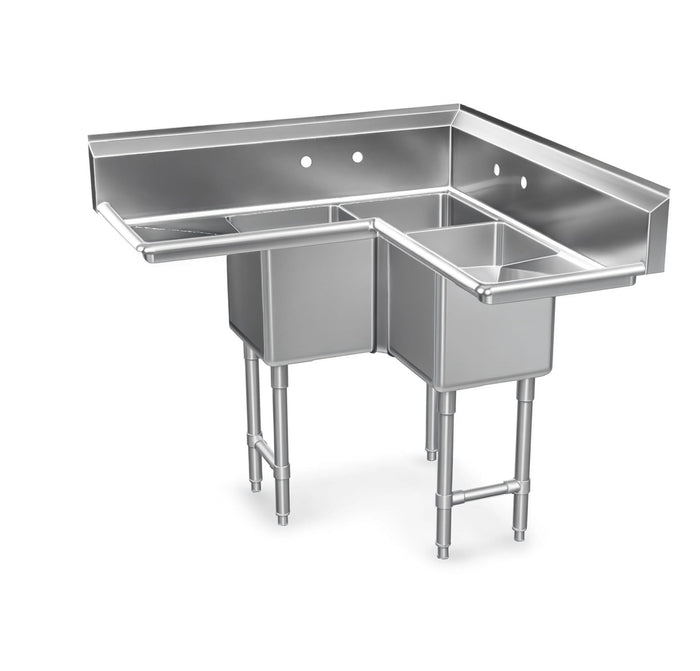 Glownary 44.5-Inch Commercial Corner Sink, 3 Compartments with 2 Drainboards, 16 Gauge Stainless Steel, 14x14x14 Inch Bowls, NSF Listed
