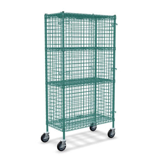 Glownary NSF Mobile Wire Security Cage, Green Epoxy, Metal, 18x36x69 Inch, 4 Shelves, 600 lb Capacity per Shelf, with Locking Casters