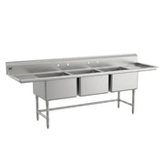 Glownary Three Compartment Commercial Sink, 16 Gauge Stainless Steel, 112 Inch, with 2 Drainboards, NSF Listed, 24x24x14 Inch Bowls