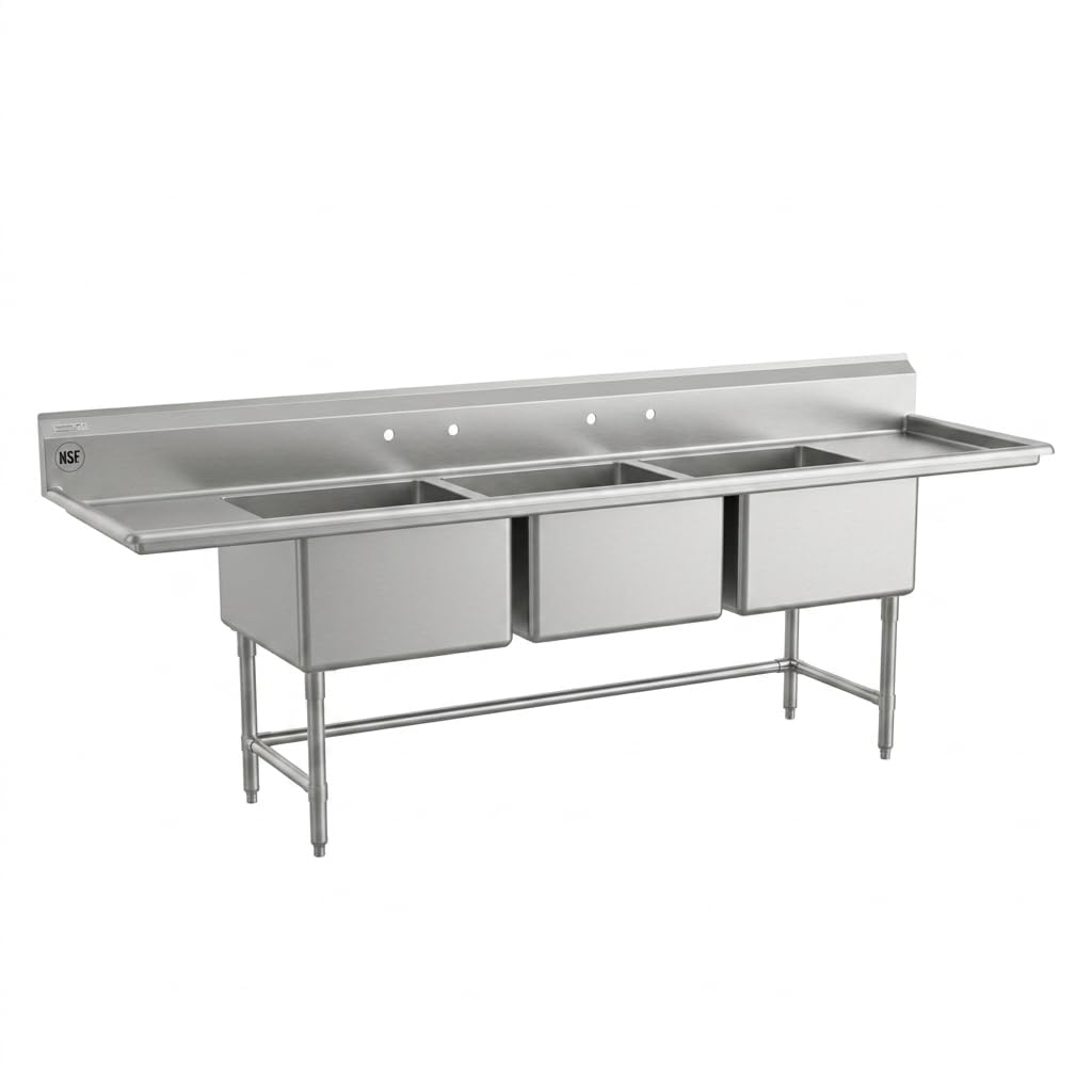 Glownary Three Compartment Commercial Sink, 16 Gauge Stainless Steel, 112 Inch, with 2 Drainboards, NSF Listed, 24x24x14 Inch Bowls