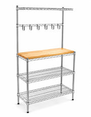 Glownary Chrome Baker's Rack with Hardwood Cutting Board, Silver Wire Shelving, 14x36x64 Inches, 4 Shelves, 1950 lb Capacity, for Kitchen, Retail, Storage