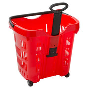 Glownary Red Plastic Shopping Basket with Wheels, 21.25 x 16.5 Inch, 45 lb Capacity, Stackable, Telescopic Handle, 6 Pack