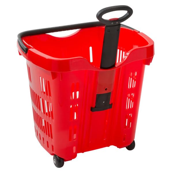 Glownary Red Plastic Shopping Basket with Wheels, 21.25 x 16.5 Inch, 45 lb Capacity, Stackable, Telescopic Handle, 6 Pack