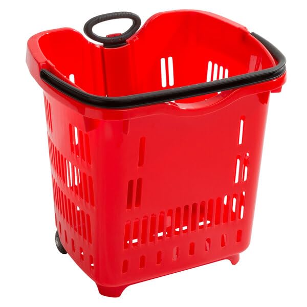 Glownary Red Plastic Shopping Basket with Wheels, 21.25 x 16.5 Inch, 45 lb Capacity, Stackable, Telescopic Handle, 6 Pack view 2