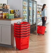 Glownary Red Plastic Shopping Basket with Wheels, 21.25 x 16.5 Inch, 45 lb Capacity, Stackable, Telescopic Handle, 6 Pack view 4