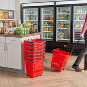 Glownary Red Plastic Shopping Basket with Wheels, 21.25 x 16.5 Inch, 45 lb Capacity, Stackable, Telescopic Handle, 6 Pack view 5
