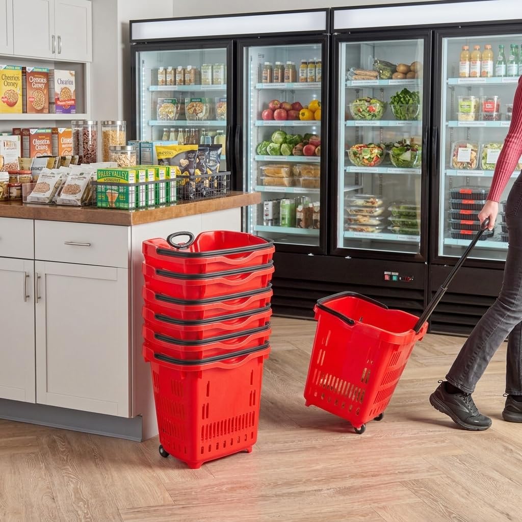 Glownary Red Plastic Shopping Basket with Wheels, 21.25 x 16.5 Inch, 45 lb Capacity, Stackable, Telescopic Handle, 6 Pack view 5