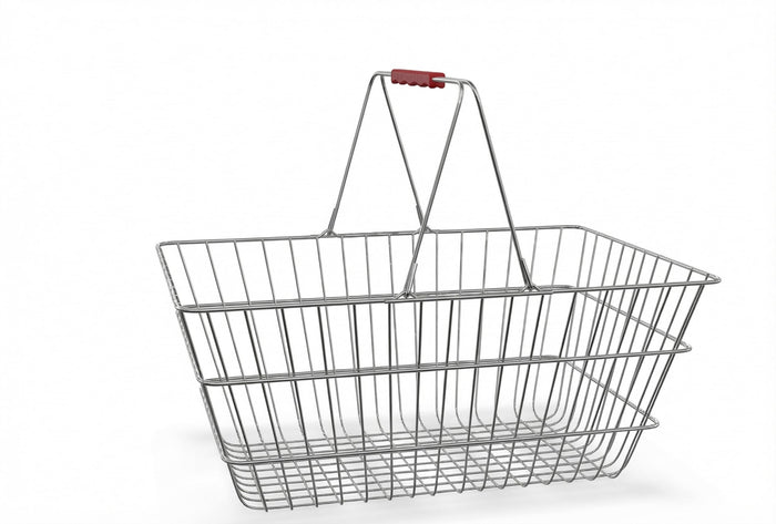 Glownary Chrome Shopping Basket with Red Handles, Metal Construction, 17.75 x 12.75 x 7.5 Inches, 40 lb Capacity, Nesting Design for Retail
