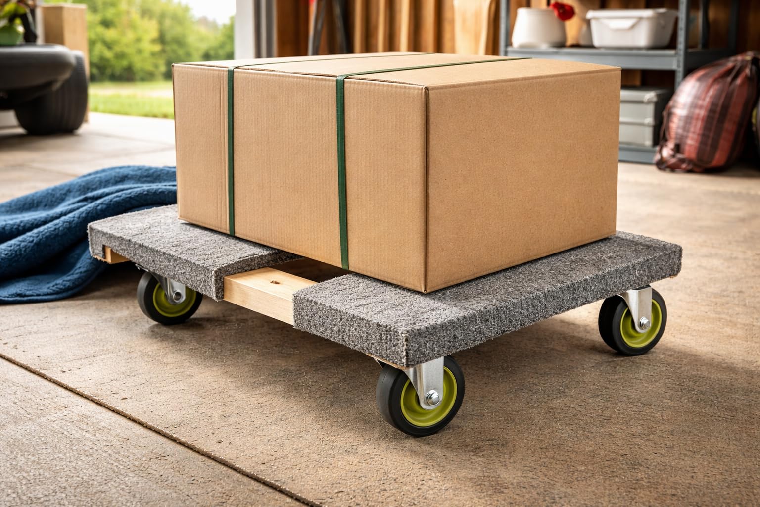 Wood Dolly with Carpeted Deck, 32 x 19 inches, 1000 lb Capacity, 4 inch PVC Wheels view 2