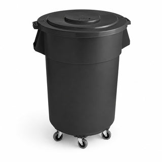 Glownary Commercial Trash Can with Lid and Dolly, 55 Gallon, Black, Heavy Duty Plastic, Round