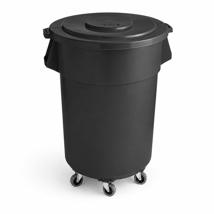 Glownary Commercial Trash Can with Lid and Dolly, 55 Gallon, Black, Heavy Duty Plastic, Round