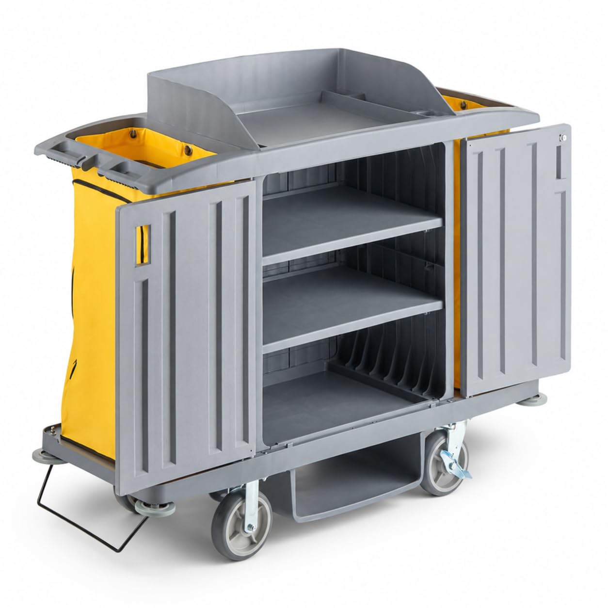 Housekeeping Cart with Locking Doors, 60L x 21W x 50H inches, 3 Shelves, Gray