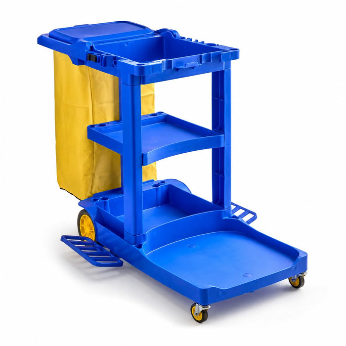 3-Shelf Janitor Cart Kit with Yellow and Black Bags, 44L x 18W x 38H inches, Blue