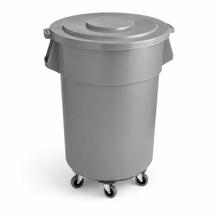 Glownary Commercial Trash Can with Lid and Dolly, 55 Gallon, Gray, Round, Heavy-Duty Plastic, NSF Standard 2