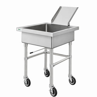 Glownary Mobile Silverware Soaking Sink, 304 Stainless Steel, 22x22x8 Inch Bowl, Detachable Chute, 4 Swivel Casters, Commercial Kitchen