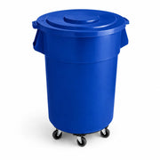 Glownary Commercial Round Trash Can with Lid and Dolly, 55 Gallon, Blue, NSF Standard 21