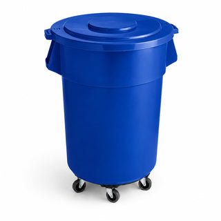 Glownary Commercial Round Trash Can with Lid and Dolly, 55 Gallon, Blue, NSF Standard 21