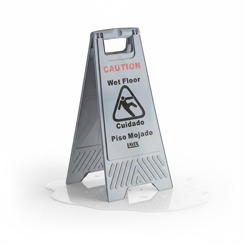 Wet Floor Sign, 25 inches, A-Frame, Gray, Bilingual, Collapsible, with Handle