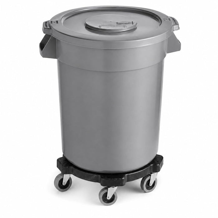 Glownary Commercial Round Trash Can with Lid and Dolly, 20 Gallon, Gray, NSF Standard 2