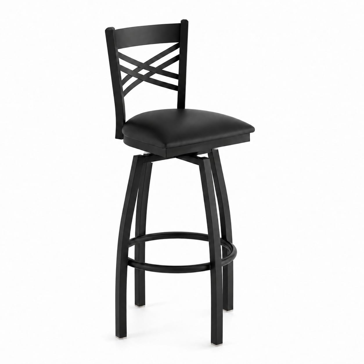 Glownary Cross Back Bar Stool, Black Steel Frame with Vinyl Padded Seat, Swivel Design, 44.5 Inch Height, 330 lb Capacity, Indoor Use