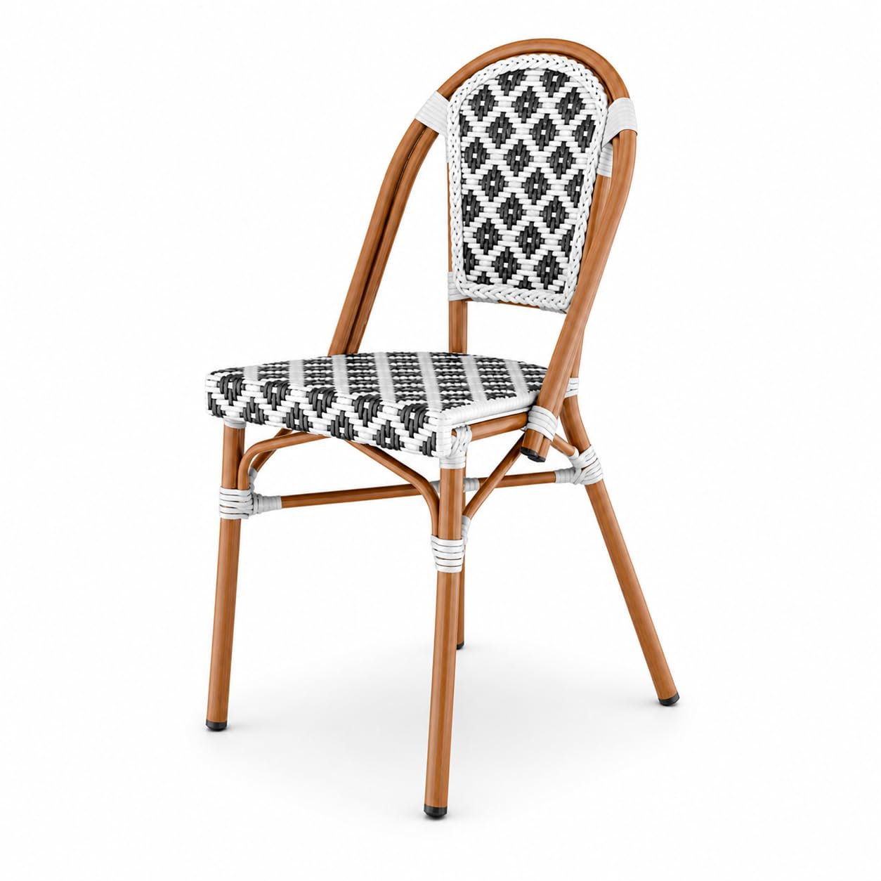 Glownary Bistro Black and White Rattan Side Chair, Stackable, Aluminum Frame with PE Woven Seat, Indoor Outdoor Use, 16.5x20.5x34.5 Inch, 330 lb Capacity
