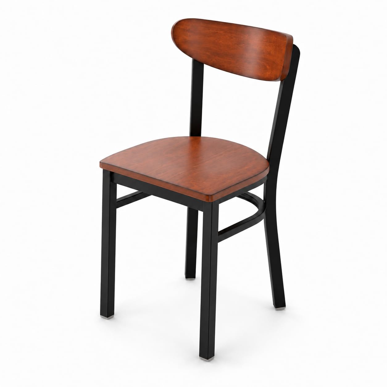 Glownary Boomerang Chair, Black Steel Frame with Antique Walnut Wood Seat and Back, Commercial Dining Height, 330 lb Capacity