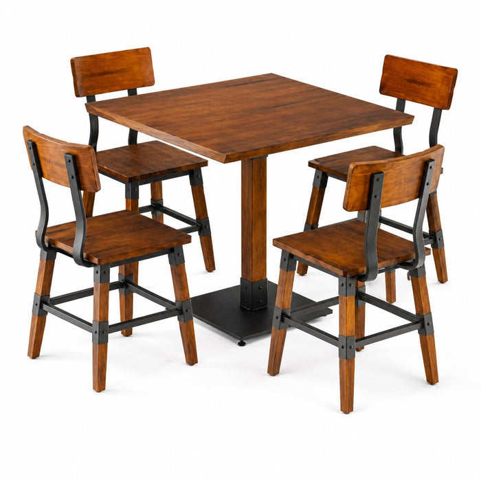 Glownary Industrial Square Dining Table Set with 4 Chairs, Rustic Walnut Solid Wood, Live Edge Top, 36 Inch, Standard Height