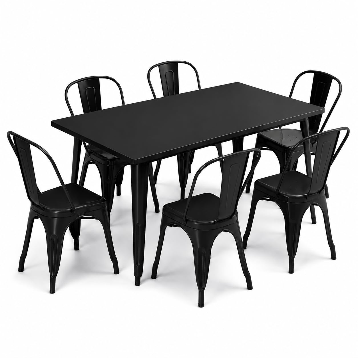 Glownary Alloy Outdoor Dining Set, Onyx Black Steel Table with 6 Cafe Chairs, Rectangular 63x31.5 Inch, Stackable, Standard Height