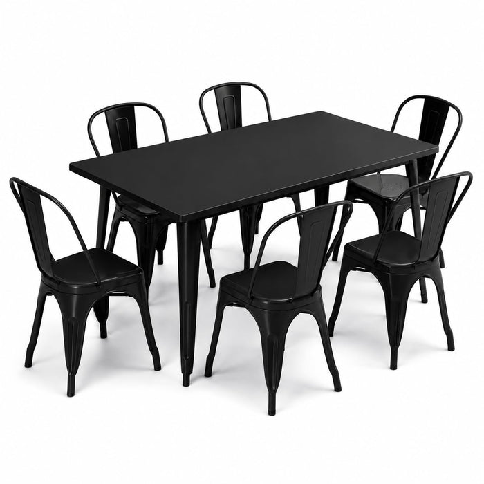 Glownary Alloy Outdoor Dining Set, Onyx Black Steel Table with 6 Cafe Chairs, Rectangular 63x31.5 Inch, Stackable, Standard Height
