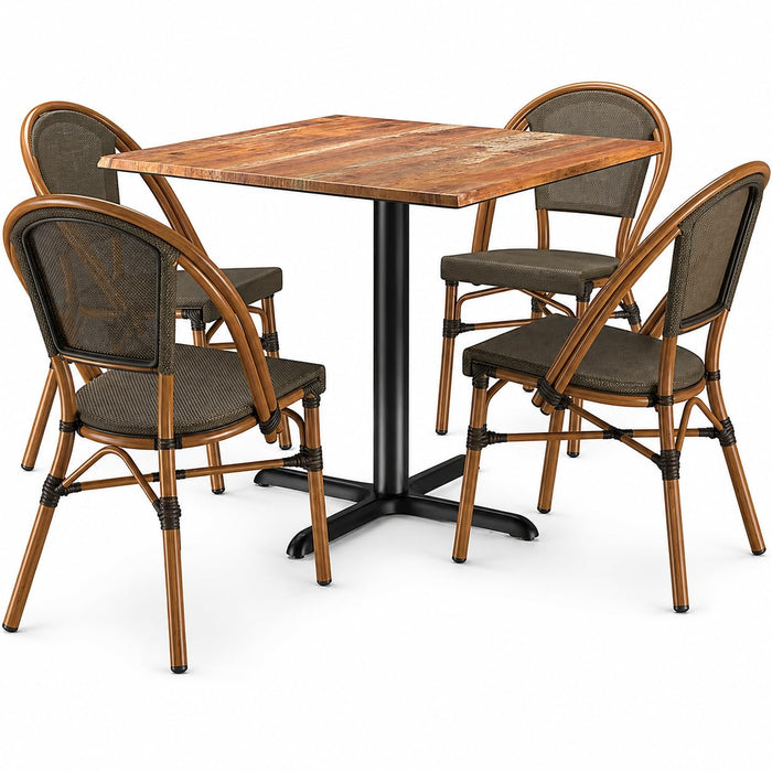Glownary Excalibur Bistro Square Dining Set, Yukon Oak Table with Brown Aluminum Chairs, 36-Inch, Indoor Outdoor, 4 Chairs