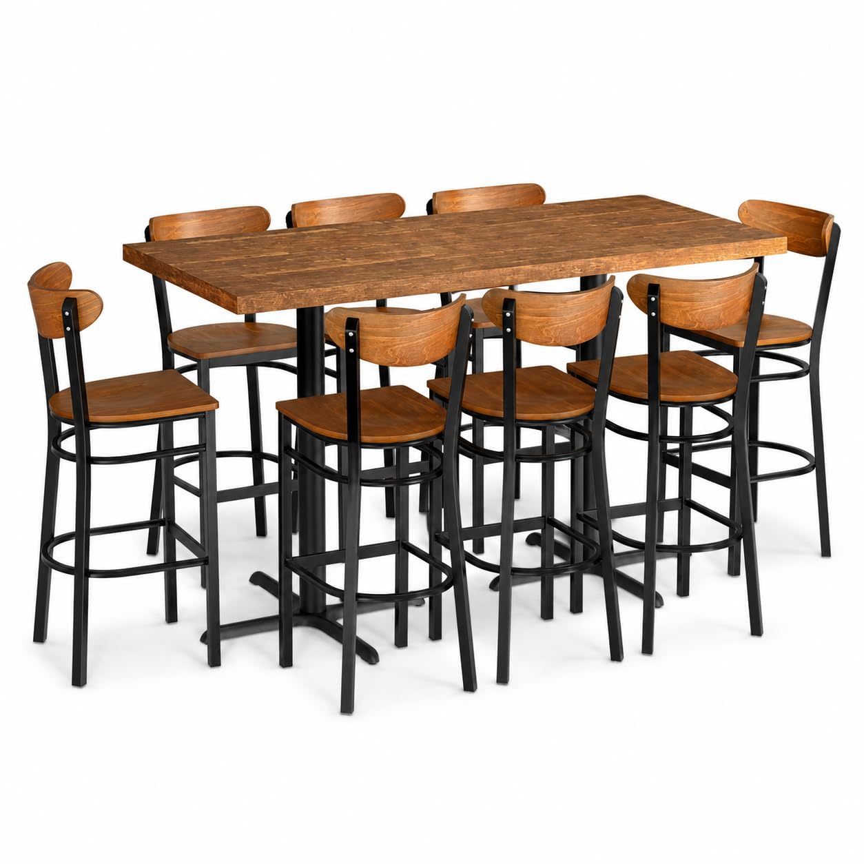 Glownary Bar Height Dining Set, Vintage Wood Butcher Block Table with 8 Boomerang Chairs, Brown, 30 x 72 Inch, Indoor