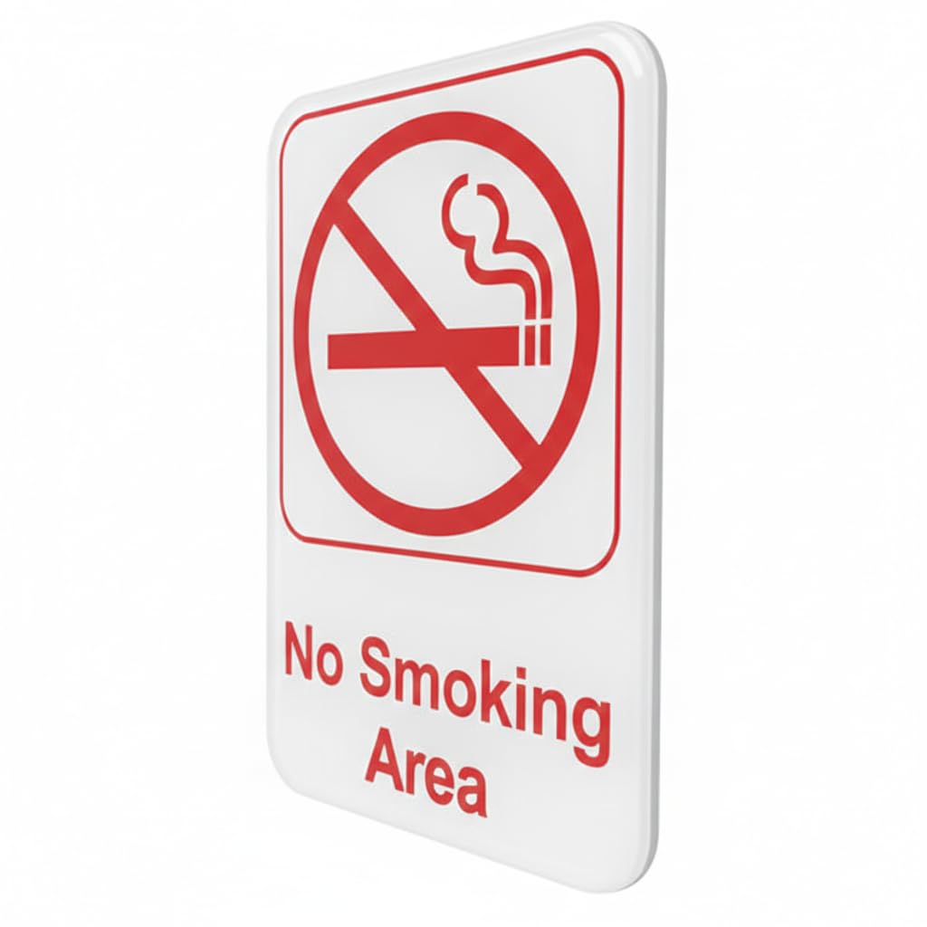 No Smoking Area Sign, Red and White, Plastic, 9 x 6 Inches, Self-Adhesive, Non-Reflective