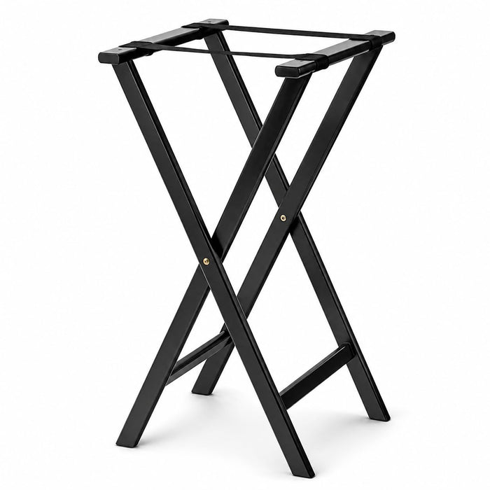 Glownary Black Wood Folding Tray Stand, 32 Inch Height, Non-Slip Bands, Nylon Straps, Restaurant Service