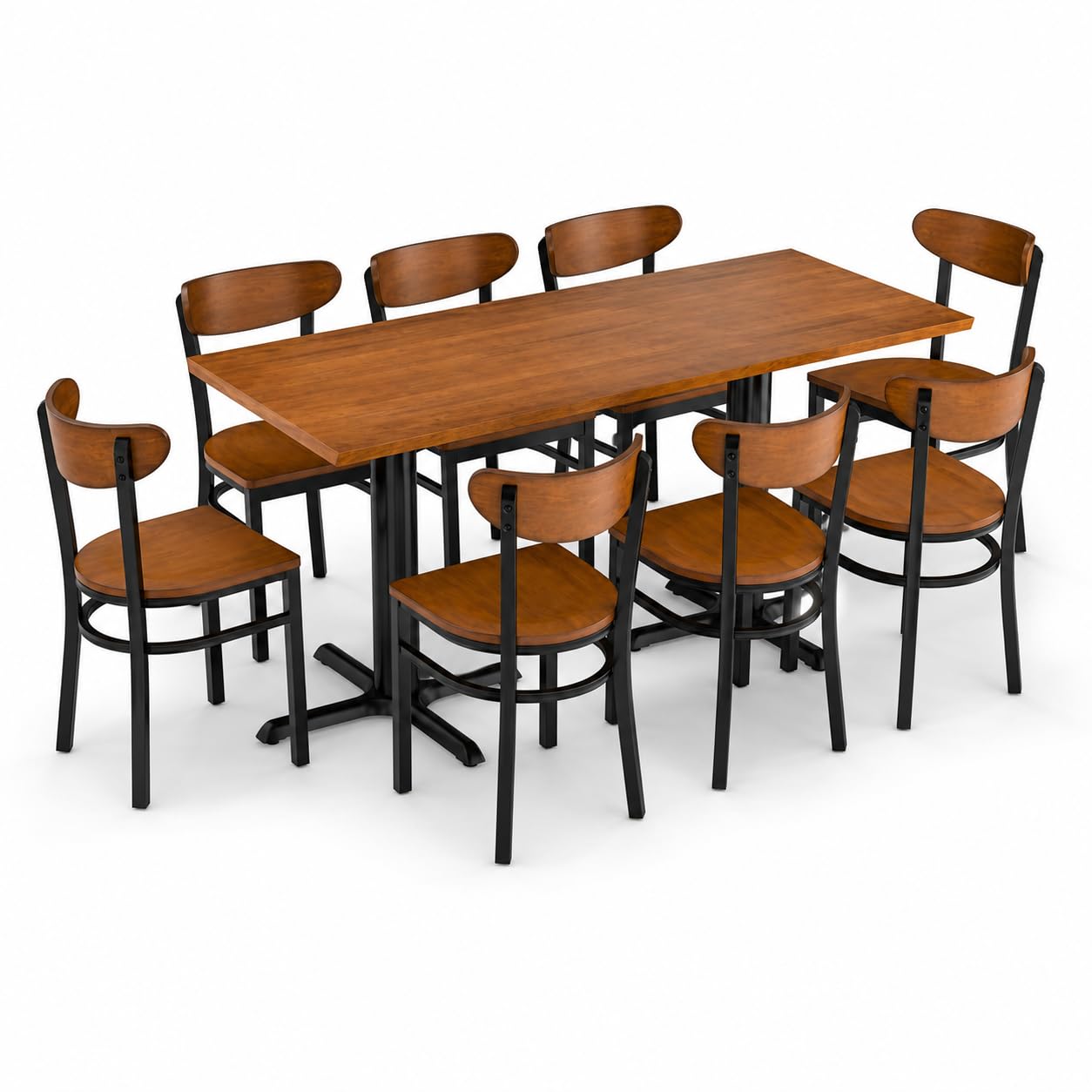 Glownary Rustic Walnut Solid Wood Live Edge Dining Table Set with 8 Boomerang Chairs, 30x72 Inch Rectangle Top, Black Steel Base