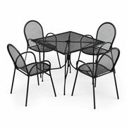 Glownary Black Square Outdoor Dining Set, 36 Inch Table with Mesh Top, 4 Stackable Steel Arm Chairs, Ornate Legs, Powder-Coated