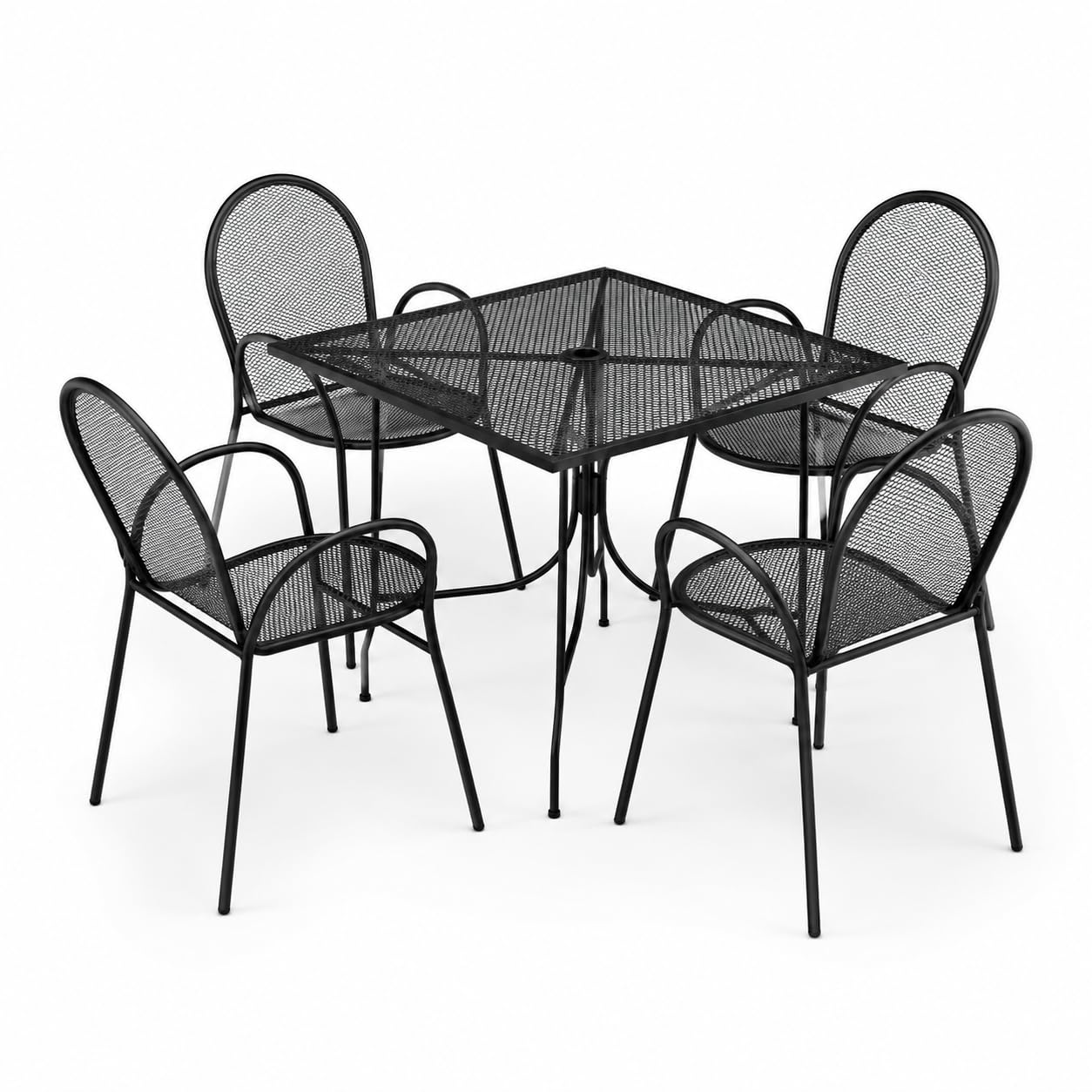 Glownary Black Square Outdoor Dining Set, 36 Inch Table with Mesh Top, 4 Stackable Steel Arm Chairs, Ornate Legs, Powder-Coated