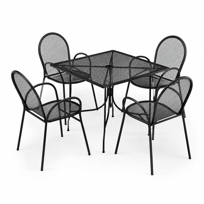 Glownary Black Square Outdoor Dining Set, 36 Inch Table with Mesh Top, 4 Stackable Steel Arm Chairs, Ornate Legs, Powder-Coated