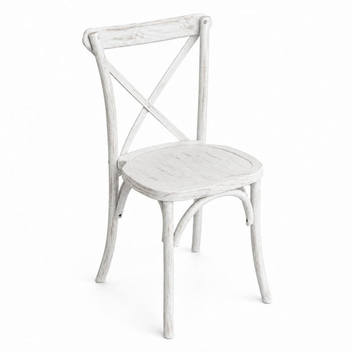 Glownary Vineyard Cross Back Dining Chair, Rustic White, Ashwood Frame, Stackable, Indoor Use, 34.5x19.5x17 Inches, 300 lb Capacity