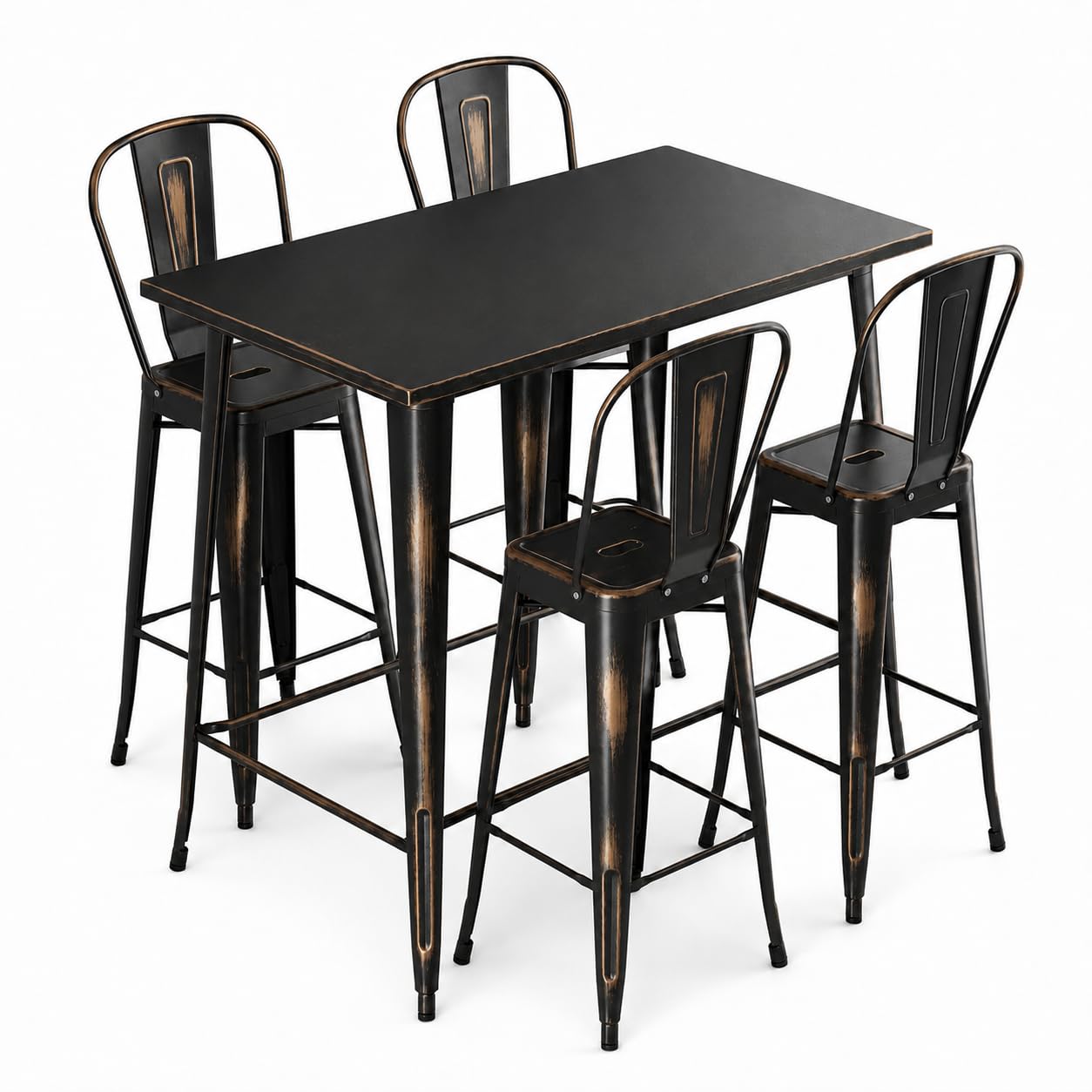 Glownary Alloy Distressed Copper Bar Height Outdoor Table Set with 4 Cafe Barstools, Steel, 48 x 30 Inch, Weather Resistant