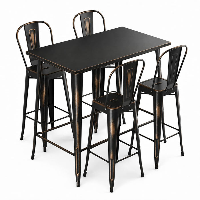 Glownary Alloy Distressed Copper Bar Height Outdoor Table Set with 4 Cafe Barstools, Steel, 48 x 30 Inch, Weather Resistant