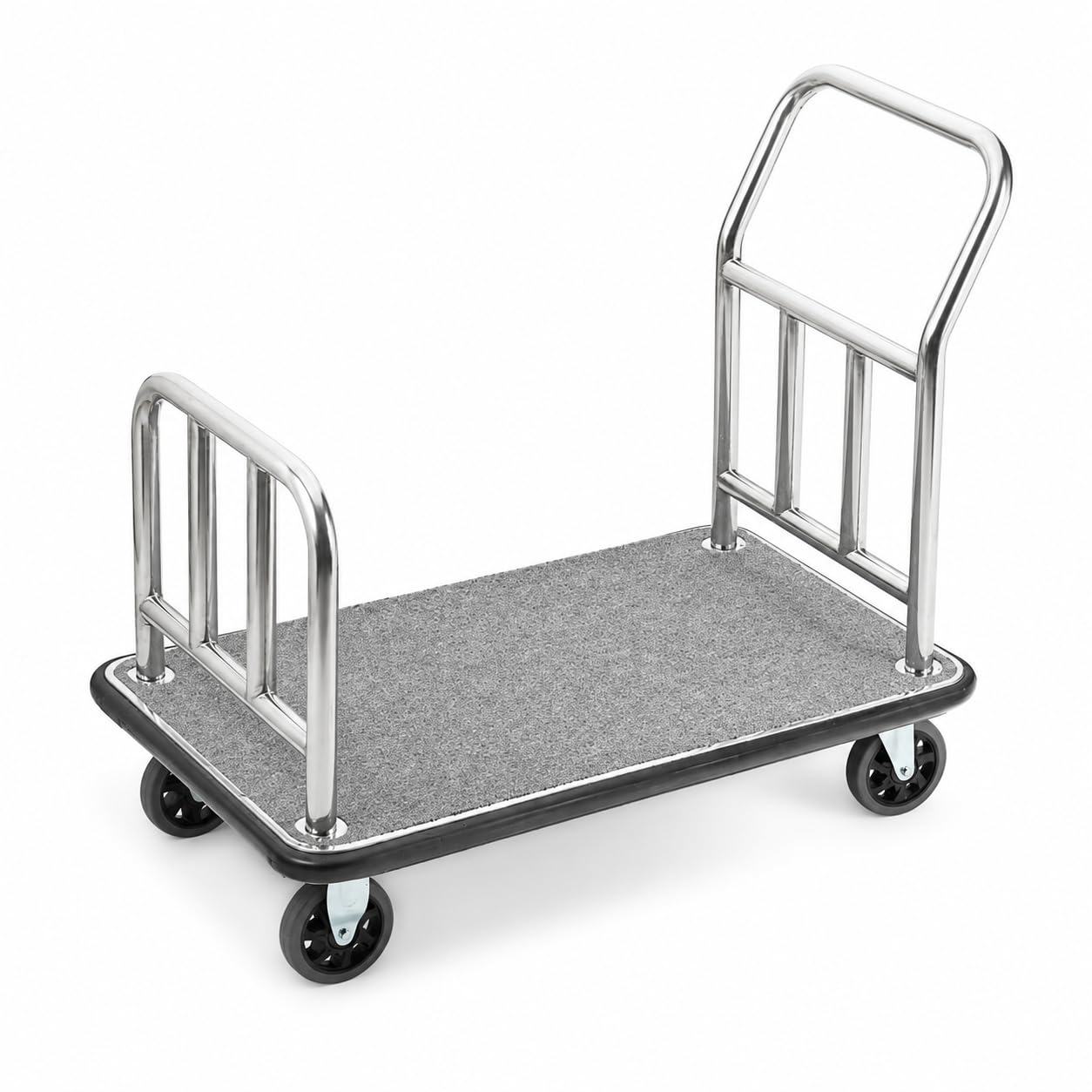 Glownary Stainless Steel Luggage Cart, Gray Carpeted Base, 42x24x35.3 Inches, 5 Inch Casters, Continuous Handle, Indoor Outdoor Use
