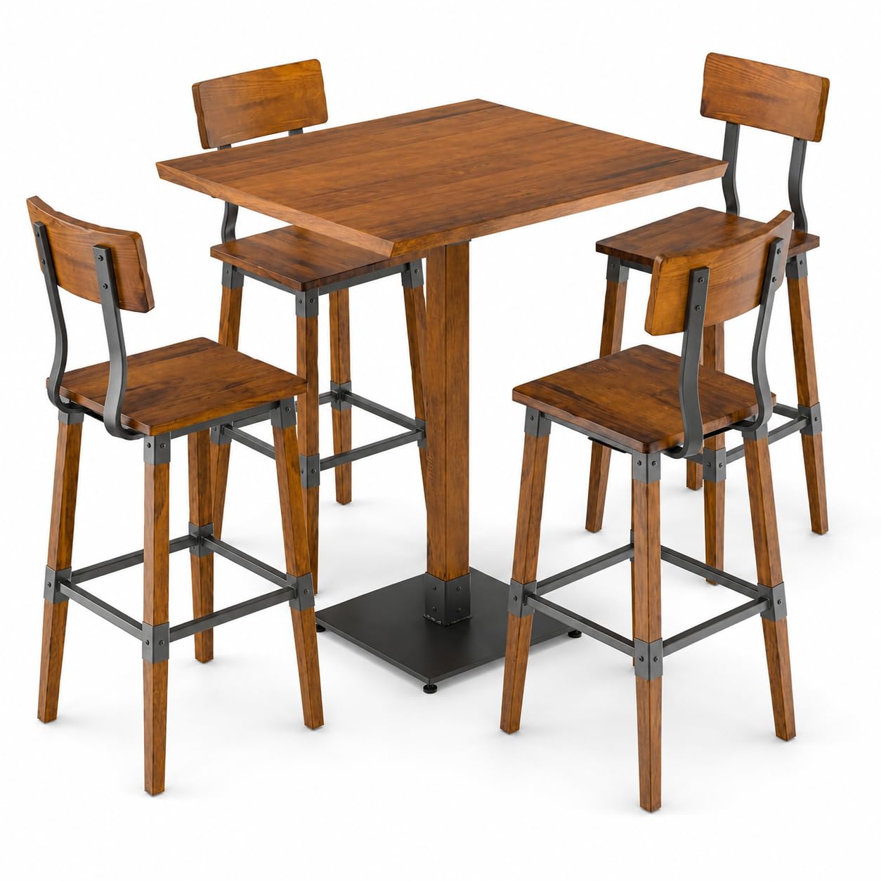 Glownary 36-Inch Square Rustic Walnut Bar Height Table Set with 4 Bar Stools, Solid Wood Live Edge Top, Steel Base, Indoor