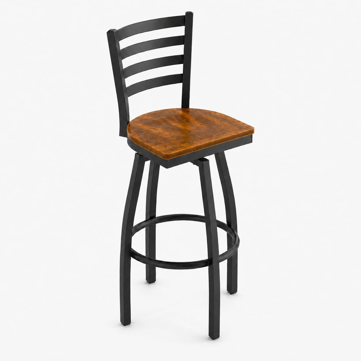 Glownary Ladder Back Swivel Bar Stool, Black Steel Frame with Vintage Wood Seat, 44.5 Inch Height, 330 lb Capacity, Modern Style